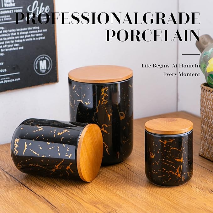 Black Ceramic Canister Set with Wooden Lid, 3-Piece Food Storage Jars for Kitchen Counter, Storage Container for Sugar, Coffee, Tea, Spice-Ruum Studio Home
