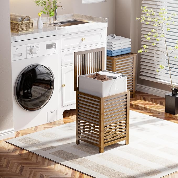 SMIBUY Double Laundry Hamper with Lid, 120L Bamboo Laundry Basket with Removable Liner Bag, 2-Section Clothes Divider Laundry Sorter for Laundry Room, Bathroom, Bedroom (Walnut)-Ruum Studio Home