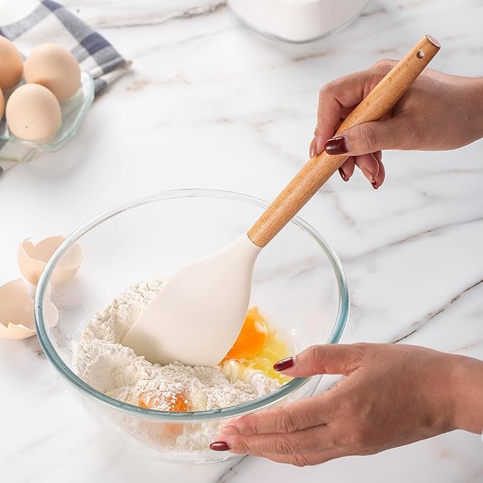 Country Kitchen Non Stick Silicone Utensil Set with Rounded Wood Handles for Cooking and Baking, 14 Piece Set, Khaki-Ruum Studio Home