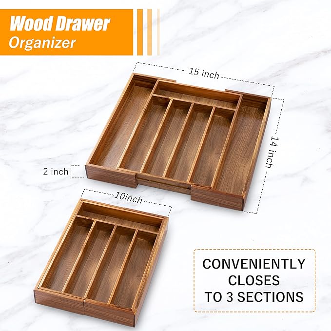 Bellsal Acacia Silverware Organizer Kitchen Drawer Organizer Expandable Bamboo Utensil Holder Cutlery Tray for Kitchen Utensil and Flatware Bedroom Office-Ruum Studio Home