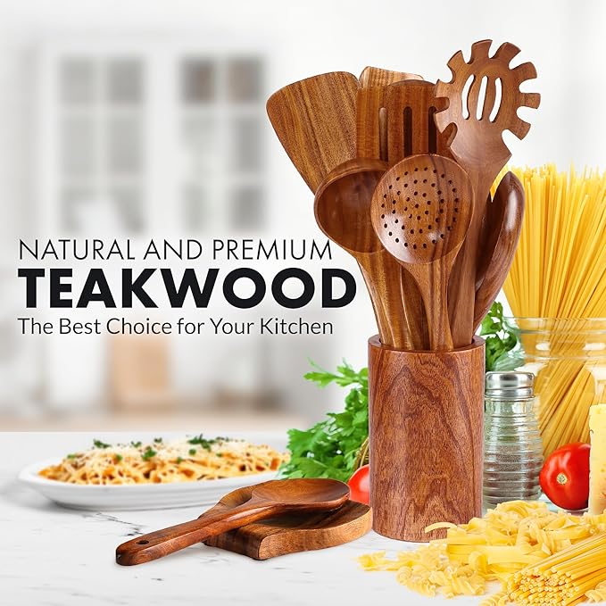 Zulay Kitchen 12-Piece Teak Wooden Utensils for Cooking - Natural Teak Utensil Set with Premium Gift Box - Non-Stick Wooden Spoons for Cooking - Kitchen Gift Set - Comfortable Grip Wooden Utensil Set-Ruum Studio Home