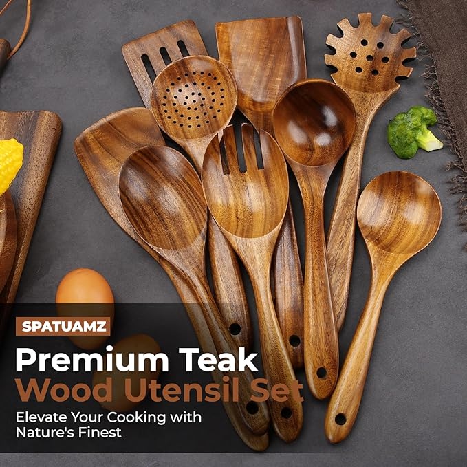 SPATUAMZ Natural Kitchen Utensils Set Wooden, Teak Wooden Spoons for Cooking, Wooden Utensils Set of 9 for Any Kitchen-Ruum Studio Home