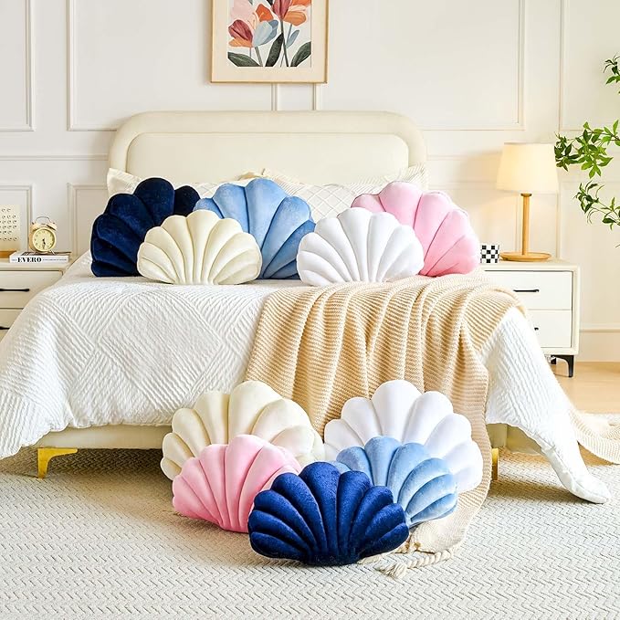 Pink Seashell Throw Pillows, Shell Shaped Throw Pillows, 13 Inch Soft Velvet Home Decorative Pillow Plush Cushion for Bed Couch Living Sofa Room Decor Accent Throw Pillow