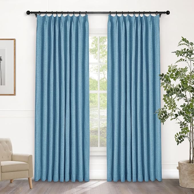 Macochico 100% Blackout Pinch Pleated Linen Curtains Thermal Window Treatments Sound Reducing Curtains for Bedroom Living Room Blue Farmhouse Burlap Drapes with Tieback 52”Wx63”L 1 Panel