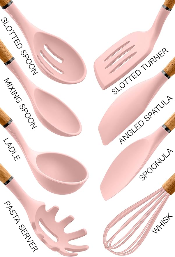 Country Kitchen Non Stick Silicone Utensil Set with Rounded Wood Handles for Cooking and Baking, 8 Piece Set, Pink-Ruum Studio Home