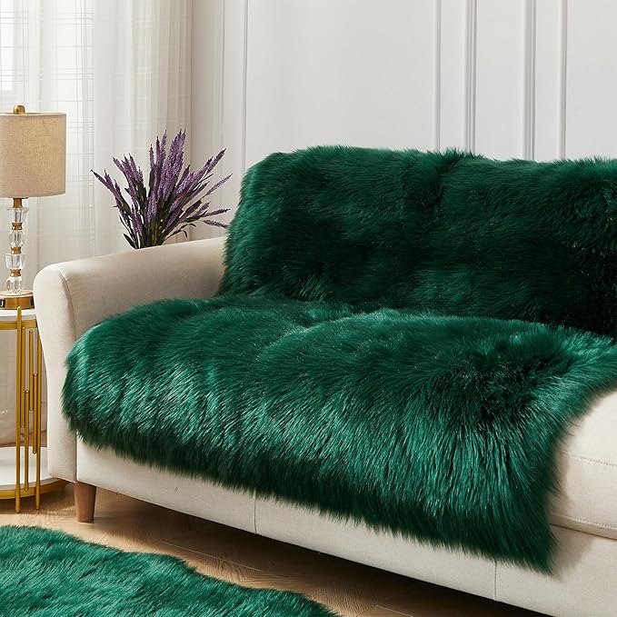 AMTOVO Faux Fur Sheepskin Rug for Living Room, 4 x 6 ft Dark Green Fluffy Area Rug for Bedroom, Playroom, Luxury Room Decor, Rectangle-Ruum Studio Home