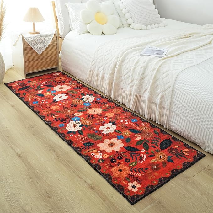 Runners for Hallways Kitchen Runner Rug Non Slip 2'x 10' Long Washable Rugs with Rubber Backing Soft Floral Carpet Runner for Hallways, Kitchen, Laundry, Bedroom, Bathroom(Red)-Ruum Studio Home