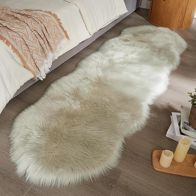 AMTOVO Faux Sheepskin Rug, Light Grey Ultra Soft Fluffy Shag Area Rug, 2 x 6 ft Faux Fur Rug for Bedroom Sofa Throw Cushion Room Decor, Sheepskin-Ruum Studio Home