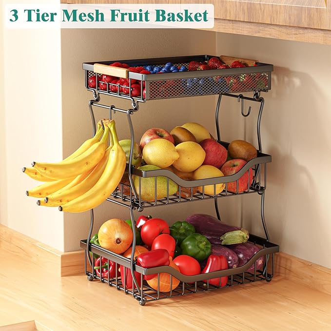 Giwil 3 Tier Countertop Fruit Mesh Basket for Kitchen, Vegetable Storage Bread Fruit Bowl Stand with 2 Banana Hooks, Wall Mounted Metal Wire Basket Organizer for Potato Onion, Black-Ruum Studio Home