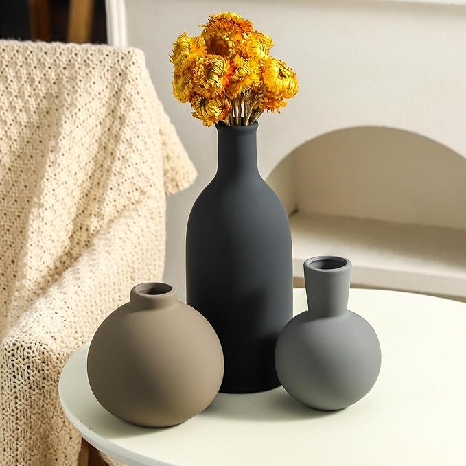 Ceramic Vase Set of 3 | Neutral Vases Home Decor | Modern Flower Pottery Vases Rustic Farmhouse Vase for Table Entryway Mantel Centerpiece Bookshelf Living Room Bathroom Bedroom -Multicolor Large-Ruum Studio Home