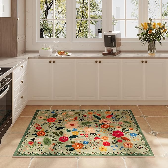 Door Mat Indoor Entrance 2x3 Rug Machine Washable Boho Floral Small Area Rug Non-Slip Low Pile Throw Rugs for Entryway, Kitchen, Front Door Indoor Entrance, Entry, Kids Room (Green)-Ruum Studio Home
