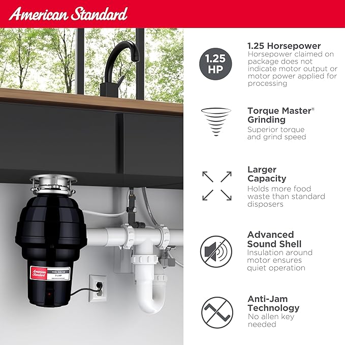 American Standard 10-US-AS-12 Garbage Disposal Anti-Jam Stainless Steel Food Waste Grinding System, Heavy Duty, 1.25 HP, Black-Ruum Studio Home
