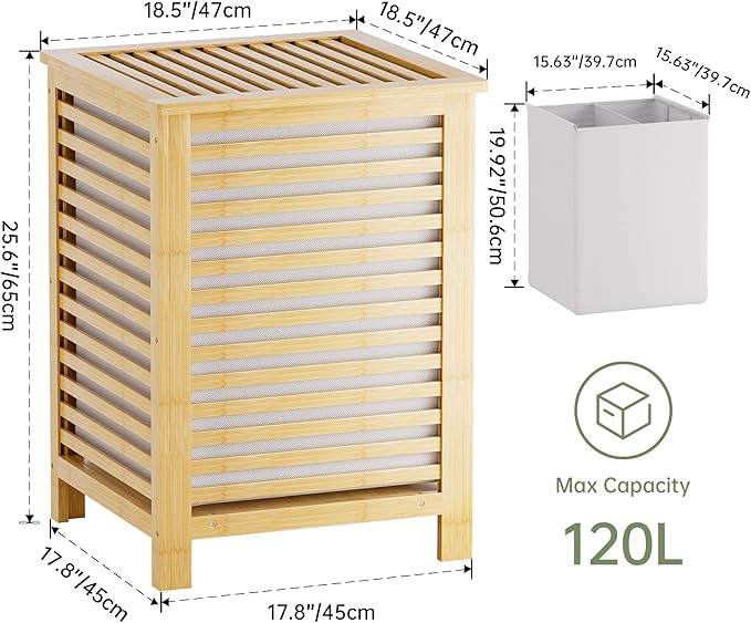 SMIBUY Double Laundry Hamper with Lid, 120L Bamboo Laundry Basket with Removable Liner Bag, 2-Section Clothes Divider Laundry Sorter for Laundry Room, Bathroom, Bedroom (Natural)-Ruum Studio Home