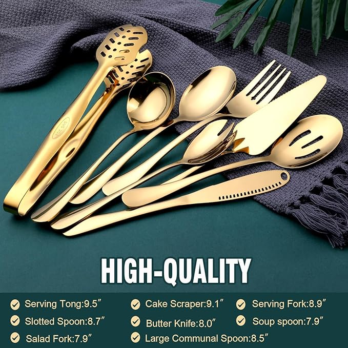 Gold Serving Utensils, OGORI 8-Piece Polished Stainless Steel Flatware Silverware Set Include Serving Spoon, Slotted Spoon, Cake Server, Soup Ladle, Fork, Salad Fork, Butter Knife, Serving Tong-Ruum Studio Home