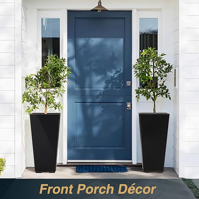 26 Inch Planter Tall Tapered Planter for Front Porch, Patio, Deck, Garden Indoor/Outdoor Tree Planters, Set of 4, Black with Copper Hand Brushed Rim-Ruum Studio Home