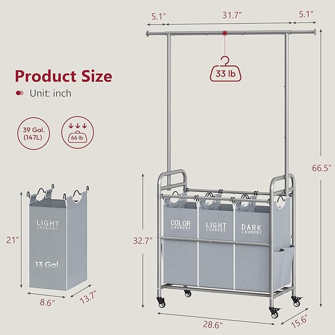 Tajsoon Laundry Sorter with Hanging Bar, 3 Section Rolling Laundry Hamper with Heavy Duty Lockable Wheels, Laundry Basket with Hanging Rack for Bedroom, 3 Gray-Ruum Studio Home