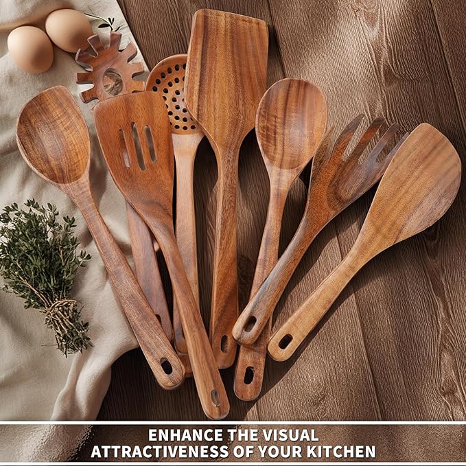 9 PCS Kitchen Utensils Set - Wooden Spoons for Cooking, Natural Teak Wooden Utensils - Includes Wooden Spoons, Spatula Set, Slotted Spoon - Handmade Wooden Spoon Set-Ruum Studio Home