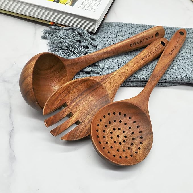 GreyWooden Kitchen Utensil Set, 6Pcs Wooden Cooking Utensils for Non-Stick Pan, 100% Natural Teak Wooden Spatula-Ruum Studio Home