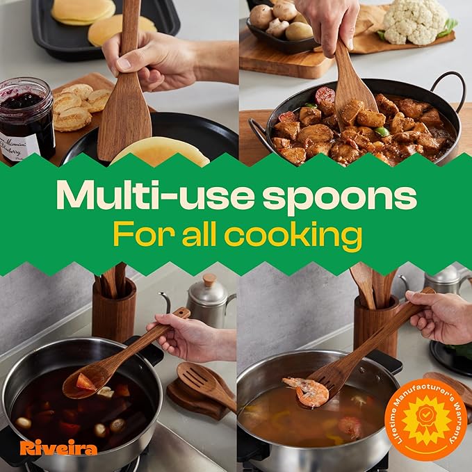 Riveira Teak Wooden Spoons for Cooking Set of 6 – Natural Teak Wooden Cooking Utensils, Wooden Spatula, Wooden Spoon - Premium Quality Wooden Utensil Set for Non-Toxic Cooking-Ruum Studio Home