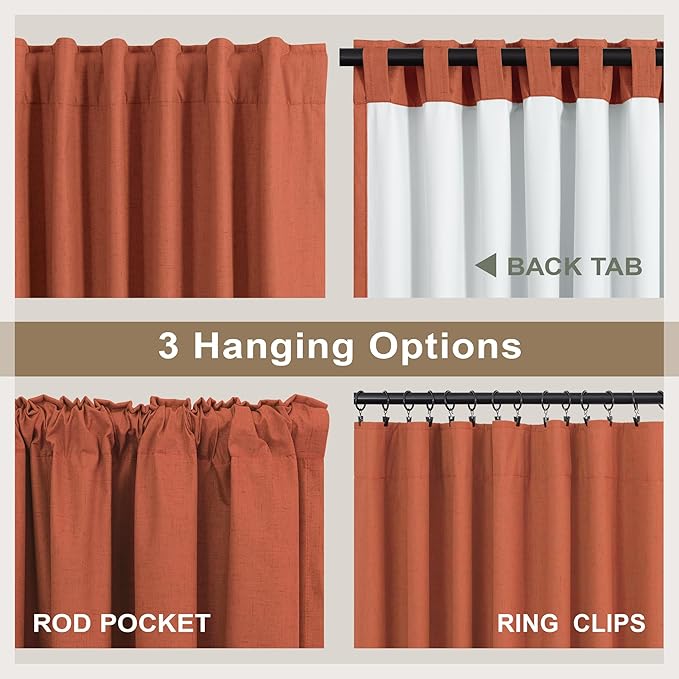 Terracotta Curtain 96 Inch Long for Living Room 2 Panel Back Tab Pleated Thick Linen Blackout Vintage Western Mid Century Thermal Black Out Window Drape for Bedroom Burnt Orange Rust Colored 96 Length