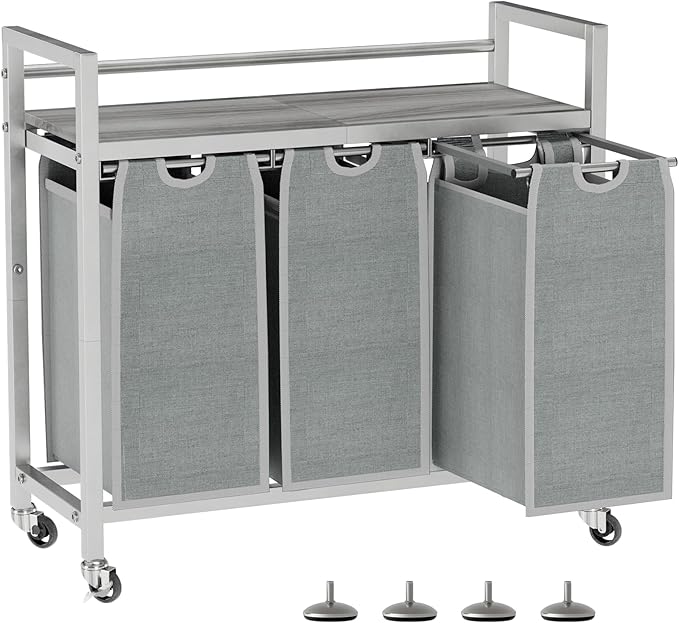 Laundry Hamper, Laundry Basket, Laundry Sorter with 3 Removable Bags, Clothes Basket with 3 Compartments, Wheels, Shelf for Laundry Room Bathroom Bedroom (3 Bags-Gray)-Ruum Studio Home