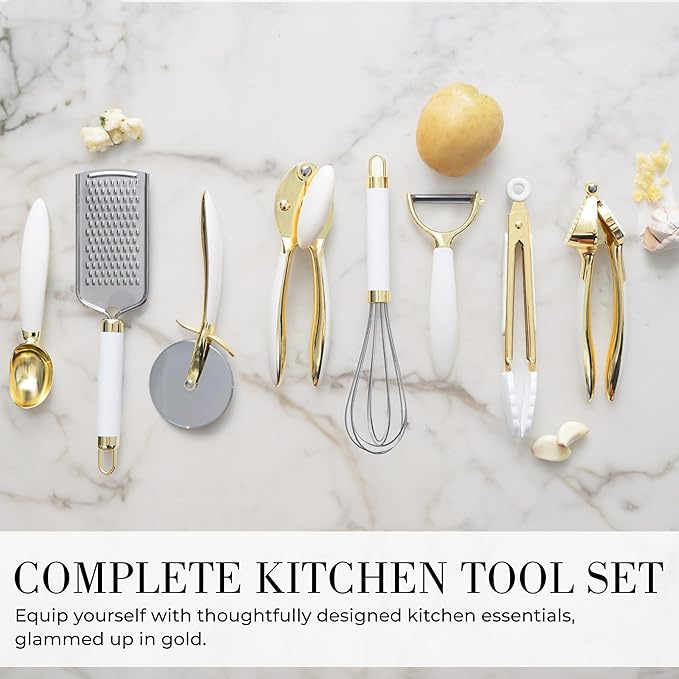 White & Gold Cooking Utensils Set - Luxe 8-Piece Kitchen Gadget Set Includes Can Opener, Tongs and Garlic Press - Stylish White and Gold Kitchen Accessories for Modern Kitchens, Ideal for Gifting-Ruum Studio Home
