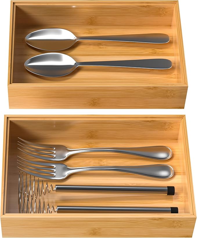 Silverware Tray for Drawer, Stackable Kitchen Bamboo Drawer Organizer 9" x 6" x 2" Set of 2-Ruum Studio Home