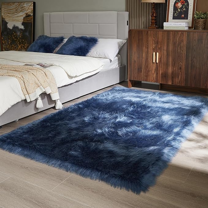 AMTOVO Faux Fur Sheepskin Rug for Living Room, 4 x 6 ft Dark Blue Fluffy Area Rug for Bedroom, Playroom, Luxury Room Decor, Rectangle-Ruum Studio Home