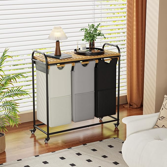 Laundry Hampers 3 Section, Laundry Sorter with Removable Shelf and Pull-Out Bags, Clothes Hampers with Wheels Rolling Cart Basket for Laundry Room Bathroom, 3 x 40 L (Black White Gray)-Ruum Studio Home