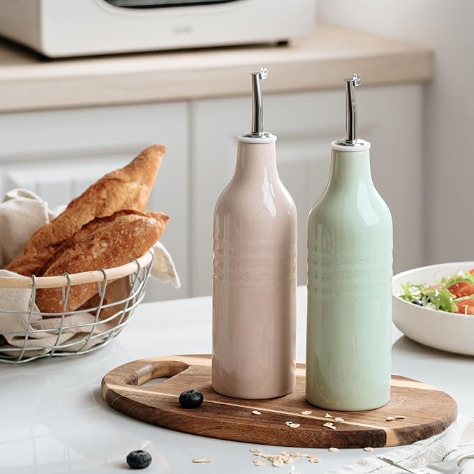 famiware Jupiter 16oz Ceramic Olive Oil Dispenser Bottle, Olive Oil and Vinegar Dispenser Bottle Set of 2 with Stainless Steel Pourers, Suitable for Storage Vinegar, Liquids, Light Pink & Light Green-Ruum Studio Home