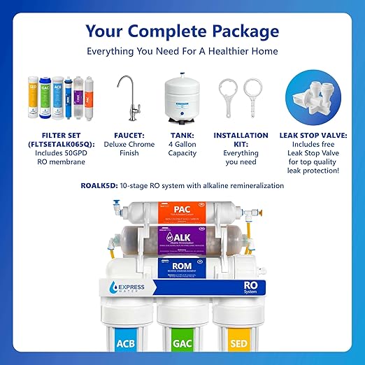 Express Water Reverse Osmosis Alkaline Water Filtration System – 10 Stage RO Water Filter with Faucet and Tank – Under Sink Water Filter with Alkaline Filter for Added Essential Minerals – 50 GPD-Ruum Studio Home