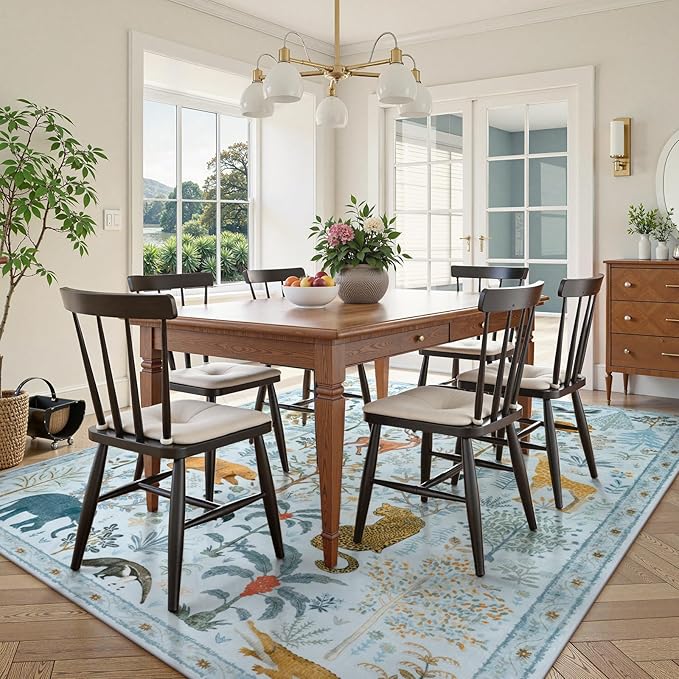 OJIA Animal Area Rugs 8x10, Soft 8x10 Washable Rugs for Living Room Bedroom, Non-Slip Boho Ultra-Thin Dining Room Rug Large Throw Carpet for Farmhouse Playroom Office, Light Blue-Ruum Studio Home