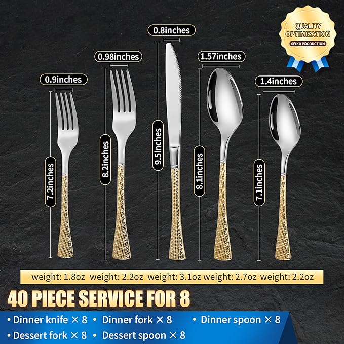 Hammered Silver Gold Silverware Set for 8,Stainless Steel 40-Piece Modern Cutlery Set,Mirror Polished Heavy Duty Flatware Set Utensil Set,Knives Spoons and Forks Set,Dishwasher Safe-Ruum Studio Home
