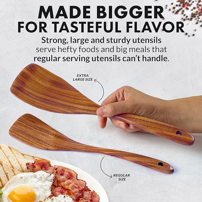 Zulay Kitchen Extra-Large 6-Piece Wooden Spoon Set - Smooth Teak Cooking Utensils - Comfort-Grip Non-Stick Turner, Spatula, Skimmer, Fork, Serving Spoon-Ruum Studio Home