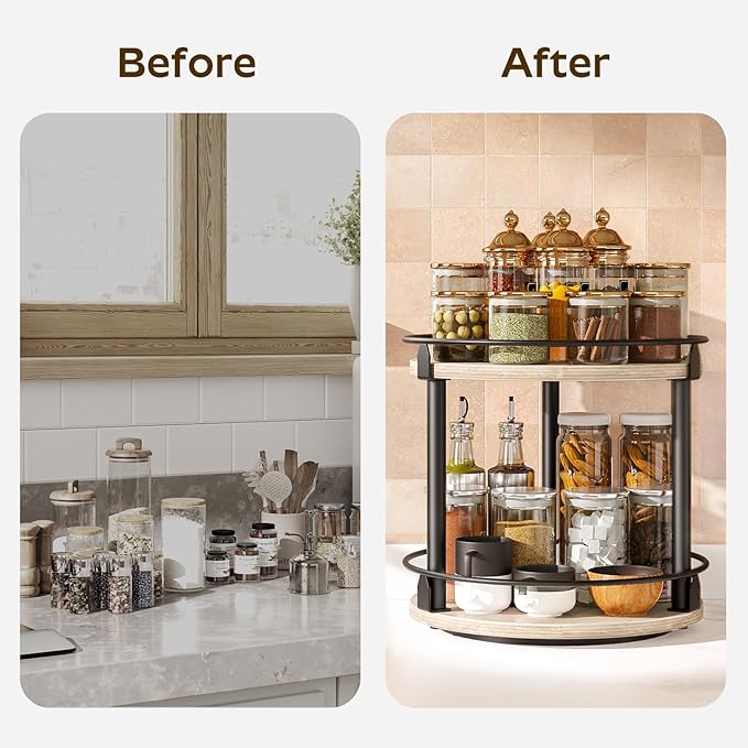 Lazy Susan Organizer, Rotating Spice Rack, 2 Tier Spice Turntable Organizer, Industrial Turntable Spice Holder, for Kitchen Countertop and Cabinet, Compact and Versatile, Greige SR22BG-Ruum Studio Home