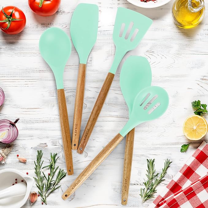 Zulay Kitchen Non-Stick Cooking Utensils Set with Authentic Acacia Wood Handles – 5-Piece Durable & Stylish Silicone Kitchen Utensils Set – Heat Resistant to 464°F – Aqua-Ruum Studio Home