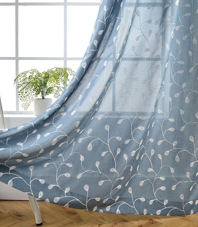 MIUCO Floral Embroidery Semi Sheer Curtains Faux Linen Grommet Curtains for Bedroom 52 x 63 Inch 2 Panels, Dusty Blue-Ruum Studio Home