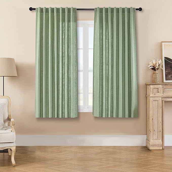 Joydeco Linen Curtains for Living Room,Light Filtering Rod Pocket Back Tab Semi Sheer Drapes Window Long Curtains 63 inches Long Sage Green-Ruum Studio Home