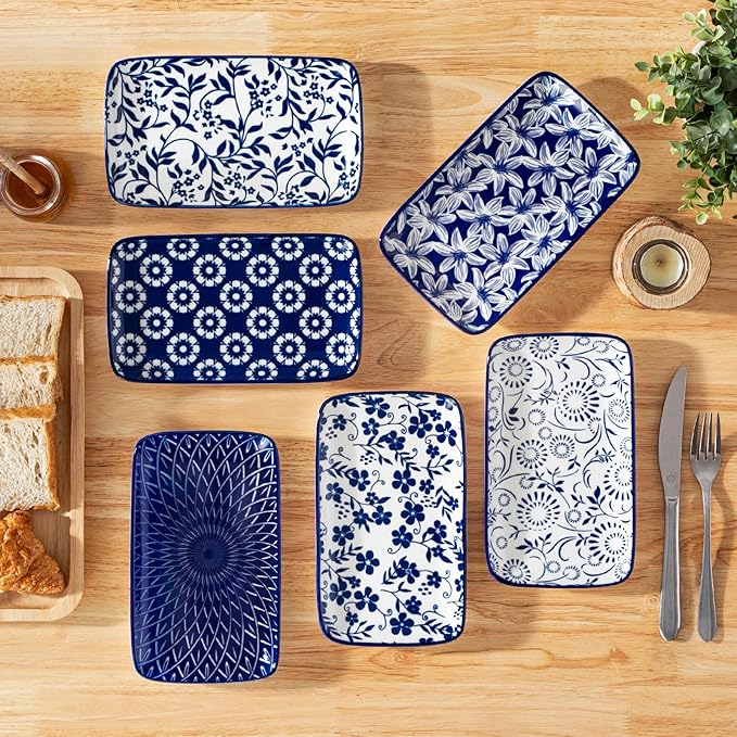 vancasso Selene 8.5 Inch Rectangular Salad Plates Set of 6, Ceramic Salad Plates for Sushi, Dessert, Appetizer, Porcelain Platters for Kitchen Decor, Microwave & Oven Safe, Vintage Blue & White Color-Ruum Studio Home