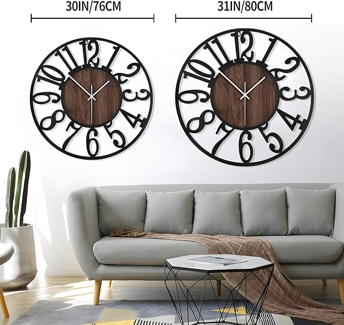 LEIKE 30" Oversized Large Wall Clocks,Silent,Non Ticking,Battery Operated Modern Round Big Wood Decorative Metal Wall Clock for Living Room, Bedroom,Kitchen,Farmhouse,Office Decor - Black,30 Inch