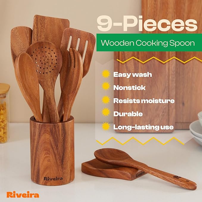 Riveira Walnut Wooden Spoons for Cooking Set of 9 – Natural Walnut Wooden Cooking Utensils, Wooden Spatula, Wooden Spoon - Premium Quality Wooden Utensil Set for Non-Toxic Cooking-Ruum Studio Home