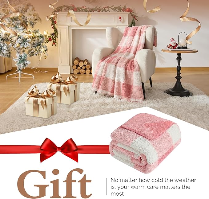 LURKA Checkered Sherpa Fleece Throw Blanket - Extra Thick and Warm Winter Soft Fuzzy Plush Blanket for Couches, Beds & Pets, Powder Pink, 50x60 Inches-Ruum Studio Home