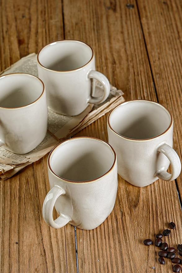 famiware Coffee Mugs Set of 4, Ocean Square 13oz Coffee Cup Set with Handle for Cocoa, Milk, Hot Chocolate, Stoneware Cups for Kitchen, Reactive Glaze, Microwave and Dishwasher Safe, Cappuccino White-Ruum Studio Home