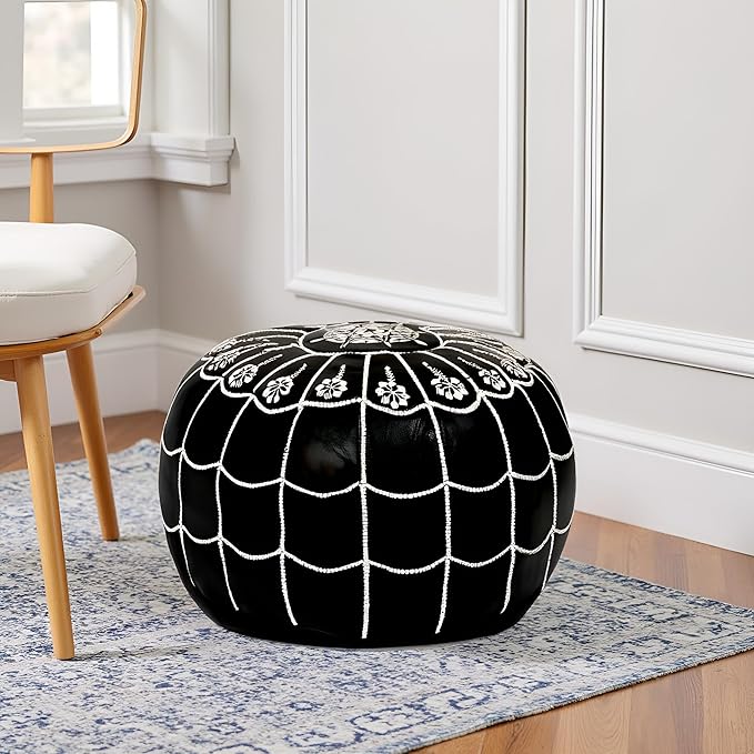 Stuffed Arch Design Moroccan Leather Pouf Ottoman, Handmade, Pre-Filled, 100% Genuine Leather, 14” Height x 22” Diameter – Boho Chic Footstool & Living Room Décor (Black)-Ruum Studio Home
