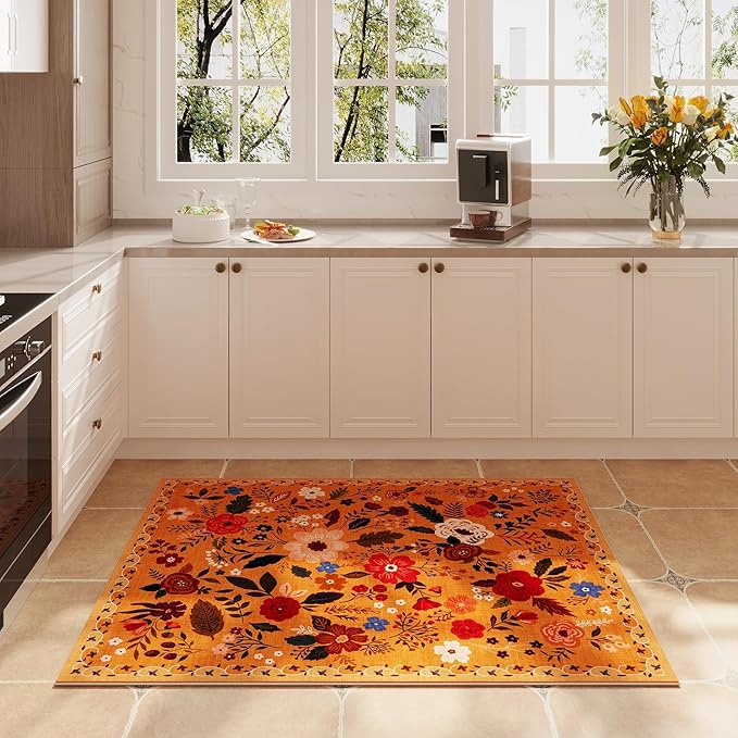 Door Mat Indoor Entrance 2x3 Rug Machine Washable Boho Floral Small Area Rug Non-Slip Low Pile Throw Rugs for Entryway, Kitchen, Front Door Indoor Entrance, Entry, Kids Room (Yellow)-Ruum Studio Home