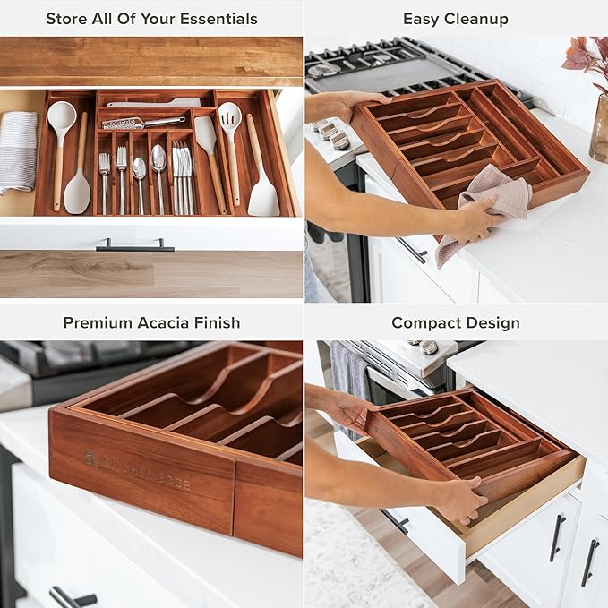 Premium Silverware, Flatware and Utensil Organizer for Kitchen Drawers, Expandable 14.5 to 25 Inches Wide, 10 Compartments, Food-Safe Premium Acacia Wood Finish Kitchen Storage Tray-Ruum Studio Home