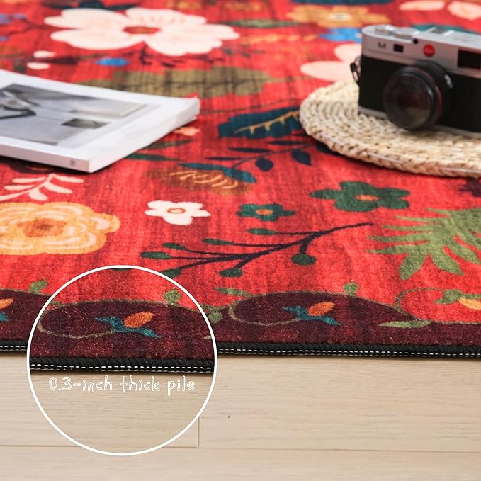 Door Mat Indoor Entrance 2x3 Rug Machine Washable Boho Floral Small Area Rug Non-Slip Low Pile Throw Rugs for Entryway, Kitchen, Front Door Indoor Entrance, Entry, Kids Room (Red)-Ruum Studio Home