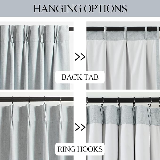 Vision Home Blue Gray Pinch Pleated Full Blackout Curtains Linen Blended Room Darkening Window Curtains 95 inch for Living Room Bedroom Thermal Insulated Pinch Pleat Drapes with Hooks 40" Wx95 Lx2
