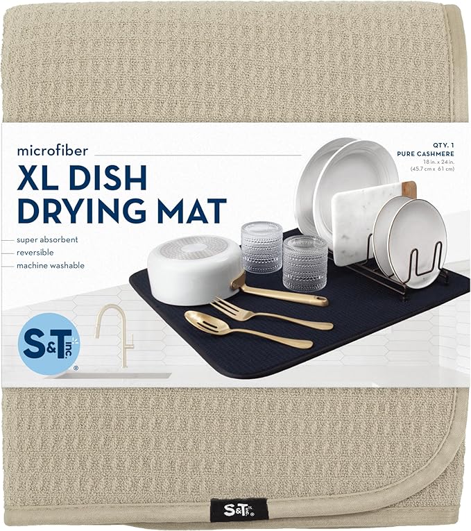 S&T INC. Dish Drying Mat XL, 18” x 24”, Absorbent Microfiber Kitchen Counter Mat, Dish Drying Pad for Dishes, Utensils, Pots and Pans, Extra Large, Pure Cashmere-Ruum Studio Home