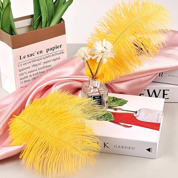 THARAHT Golden Yellow Ostrich Feathers 12pcs Natural Bulk 8-10Inch 20cm-25cm for Crafts Wedding Party Centerpieces Halloween and Home Decoration Feathers-Ruum Studio Home